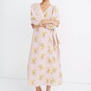 MADEWELL XXS LINEN-BLEND RUFFLE-CUFF WRAP DRESS IN DUTCH DANDELIONS